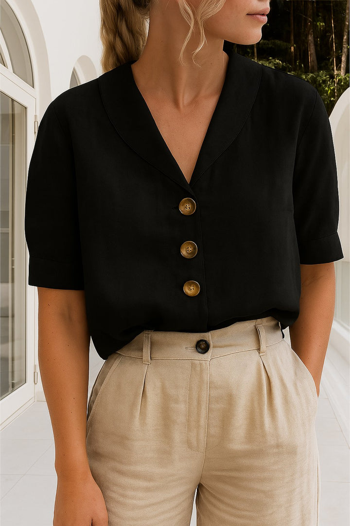 Sofia | Elegant Bluse med Innviket Hals og Korte Ermer