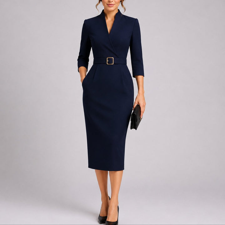 Olivia | Elegant Bodycon Midi Kjole for Bryllupsgjester med Belte V-Hals
