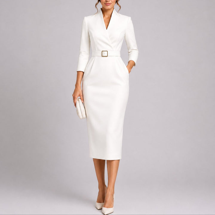 Olivia | Elegant Bodycon Midi Kjole for Bryllupsgjester med Belte V-Hals