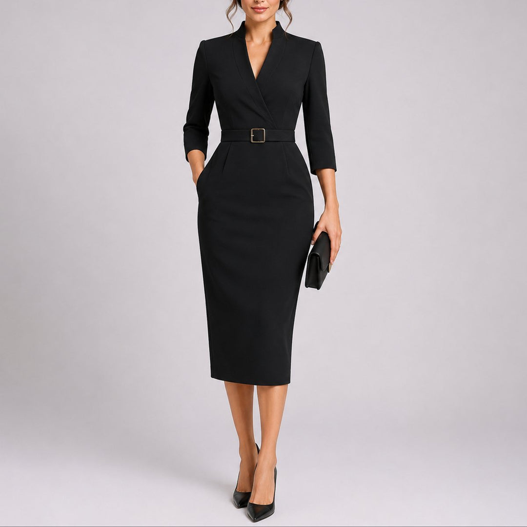 Olivia | Elegant Bodycon Midi Kjole for Bryllupsgjester med Belte V-Hals