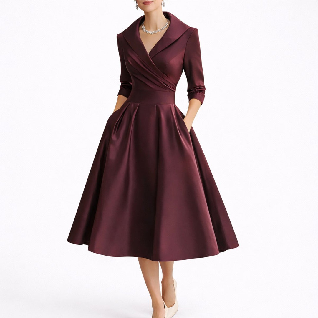 Maja | Elegant svart midi-kjole for høstbryllupsgjester A-linje V-hals