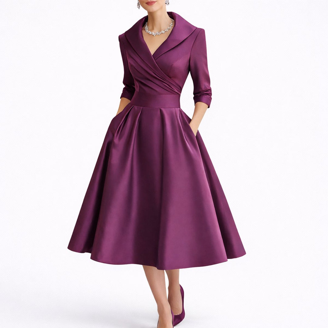 Maja | Elegant svart midi-kjole for høstbryllupsgjester A-linje V-hals
