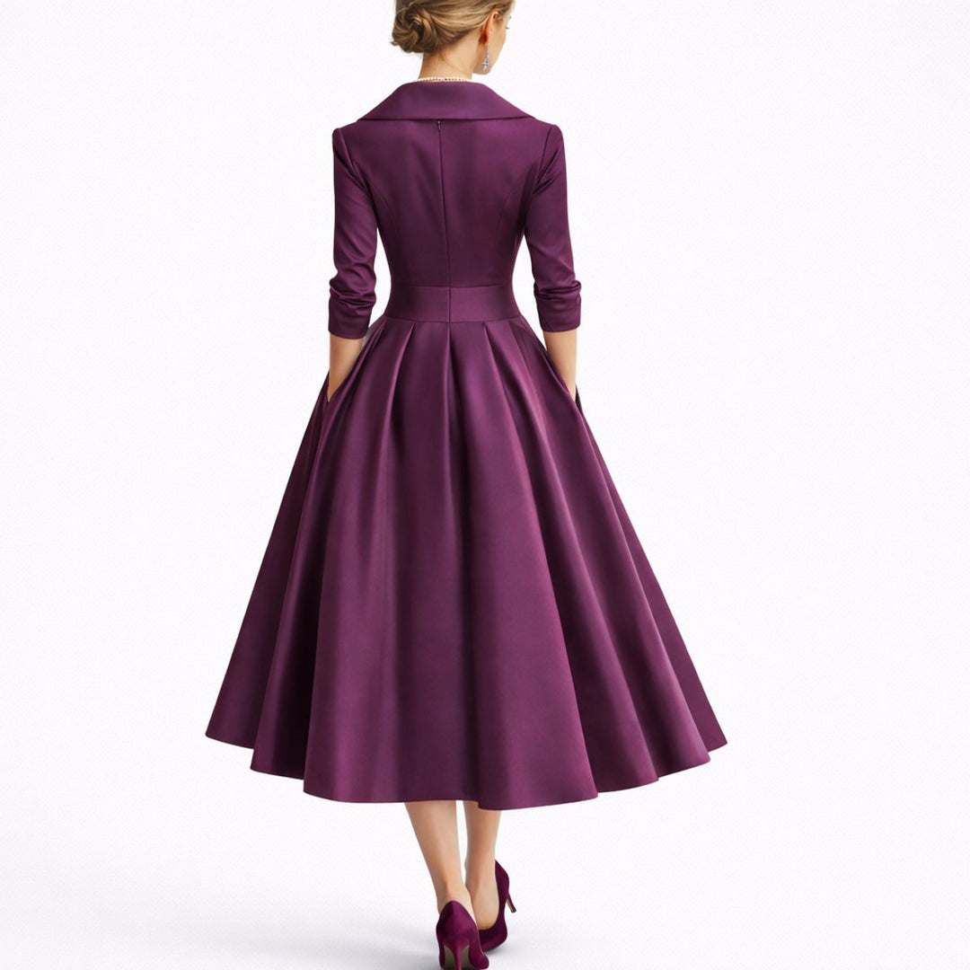 Maja | Elegant svart midi-kjole for høstbryllupsgjester A-linje V-hals