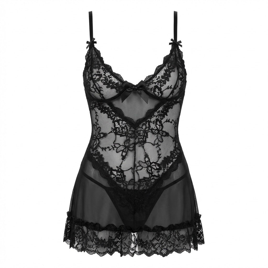 Lea | Transparent Blondekjole Chemise Mesh Blonde Satin G-streng