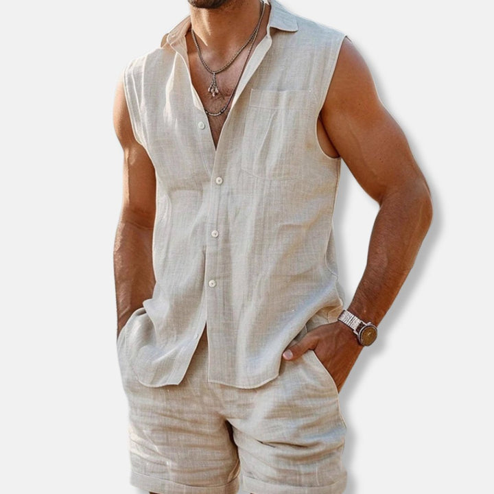 Christian | Herresinglet skjorte i linlook med shorts i vanlig passform
