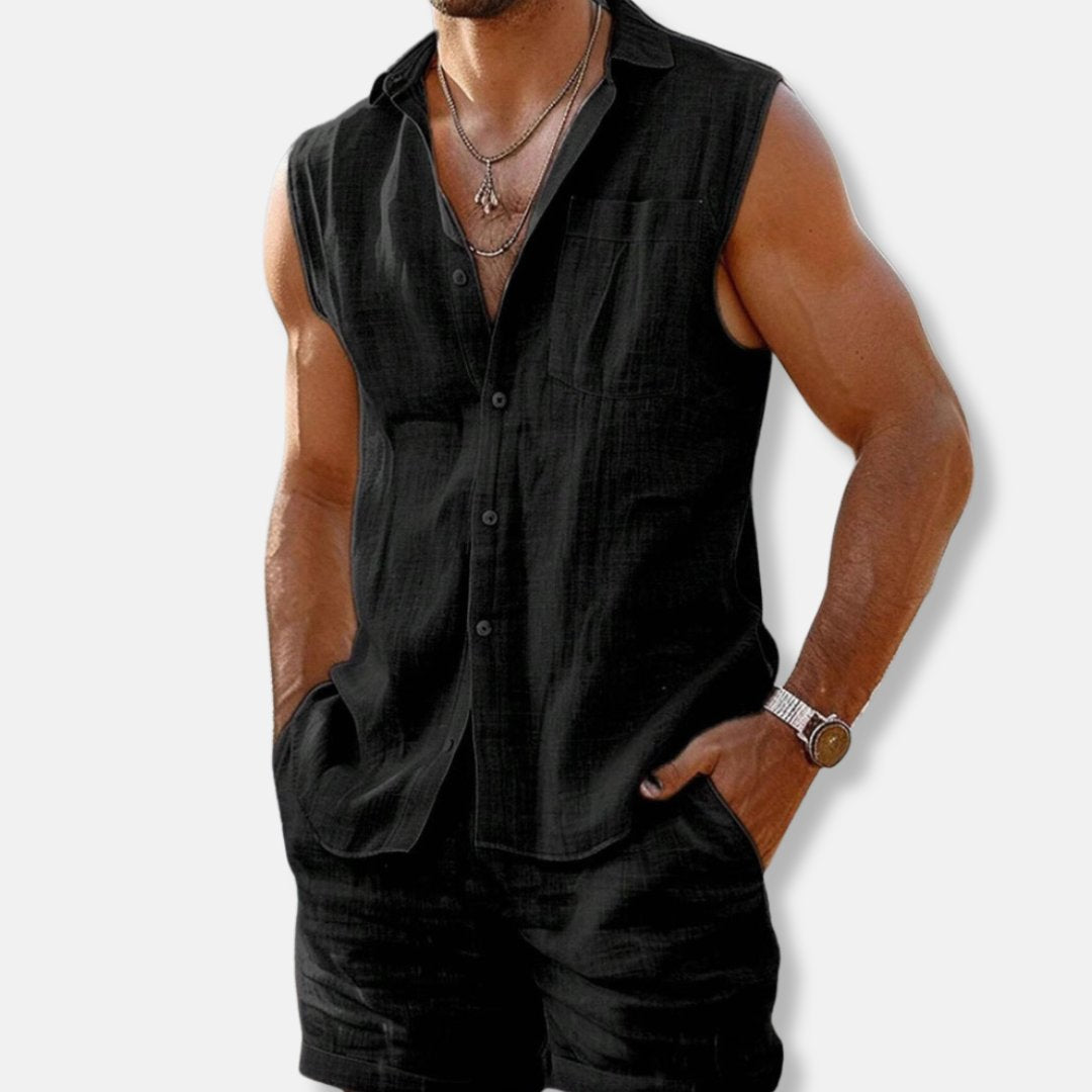 Christian | Herresinglet skjorte i linlook med shorts i vanlig passform