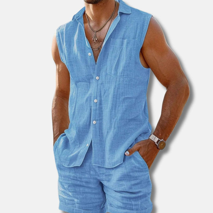 Christian | Herresinglet skjorte i linlook med shorts i vanlig passform