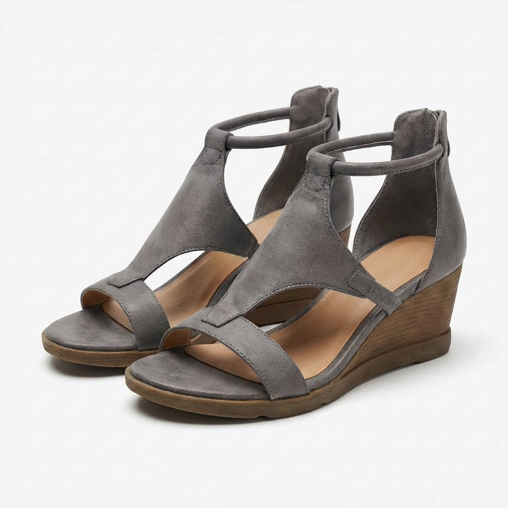 Freja | Kvinne Sandal med Åpen Tå og Wedge Hæl med Ankelrem
