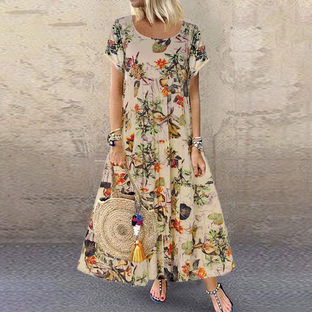 Anna | Kvinne Floral Løs Passform Korte Ermer Maxi Kjole