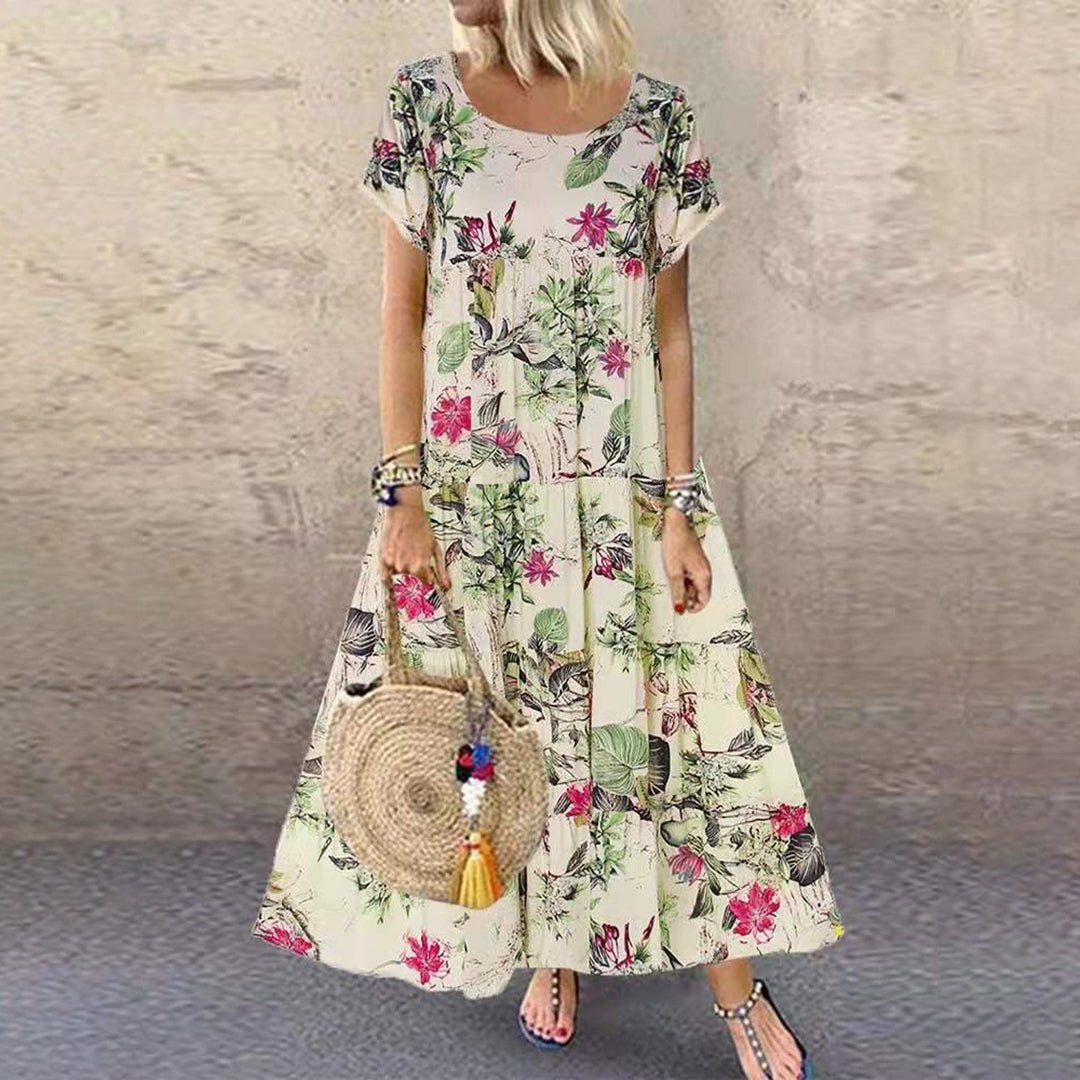 Anna | Kvinne Floral Løs Passform Korte Ermer Maxi Kjole