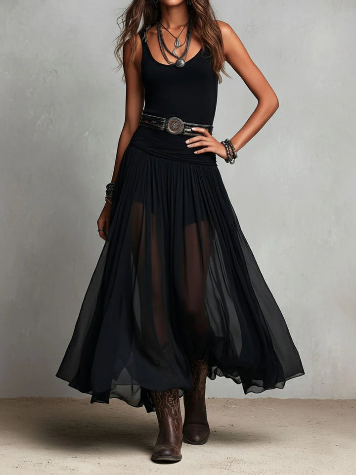 Alma | Kvinne Boho Maxi Kjole V-Hals Gjennomsiktig Tyll Skjørt Belte