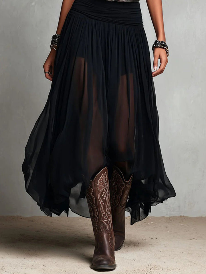 Alma | Kvinne Boho Maxi Kjole V-Hals Gjennomsiktig Tyll Skjørt Belte