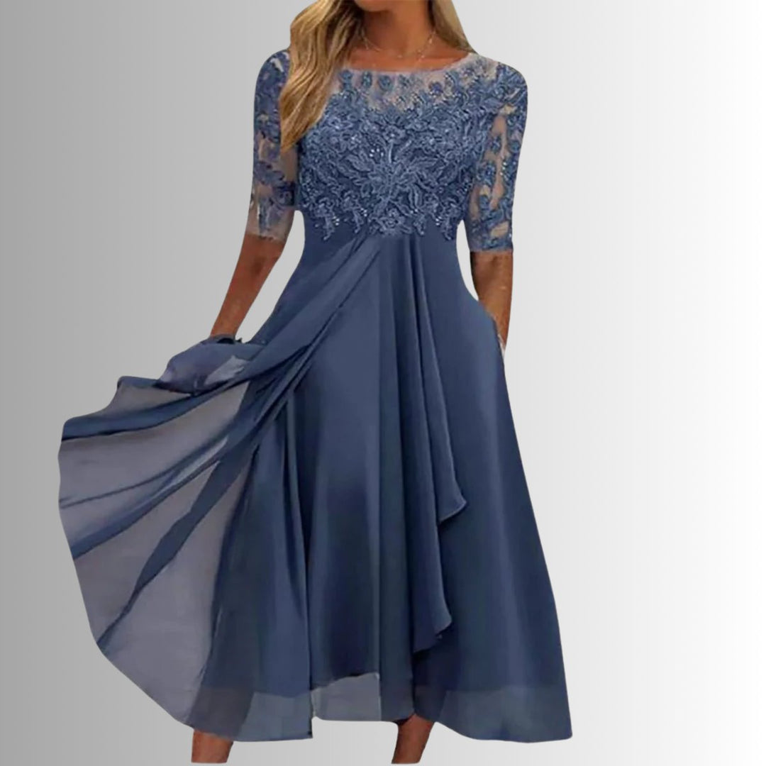Nora | Kvinne Elegant Blondekjole Chiffon Kveldskjole Halv Ermer