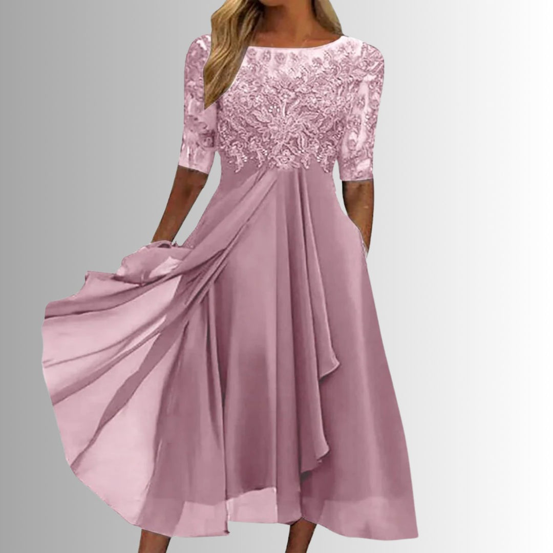 Nora | Kvinne Elegant Blondekjole Chiffon Kveldskjole Halv Ermer