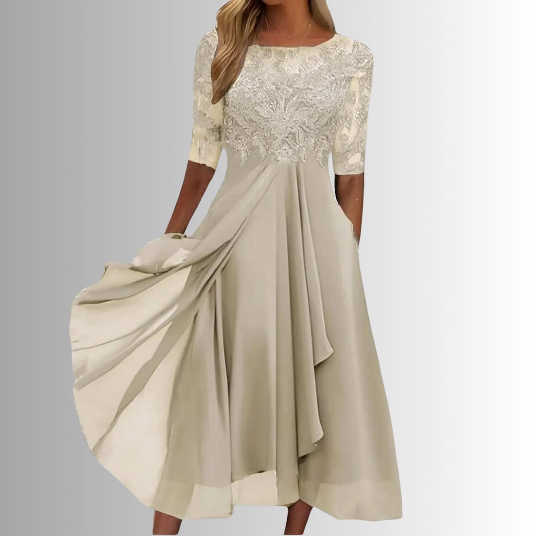 Nora | Kvinne Elegant Blondekjole Chiffon Kveldskjole Halv Ermer
