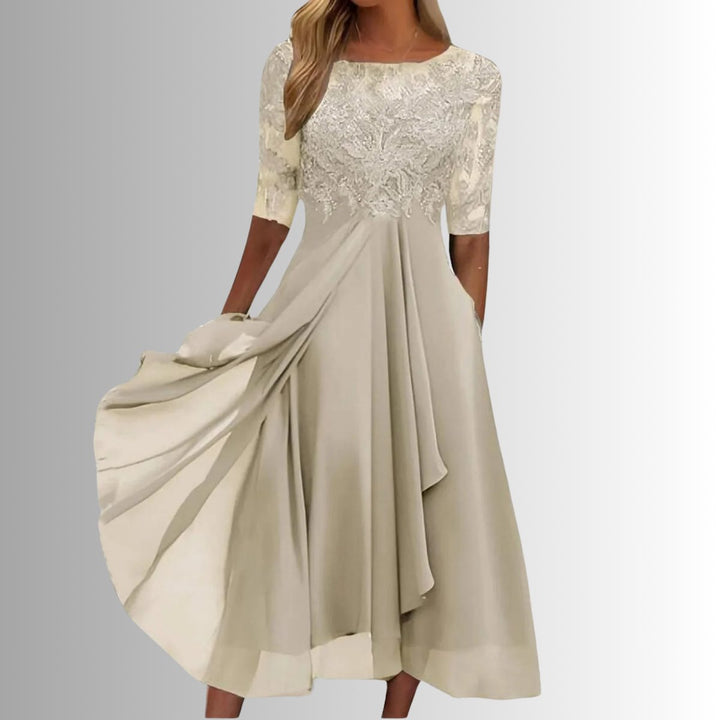 Nora | Kvinne Elegant Blondekjole Chiffon Kveldskjole Halv Ermer