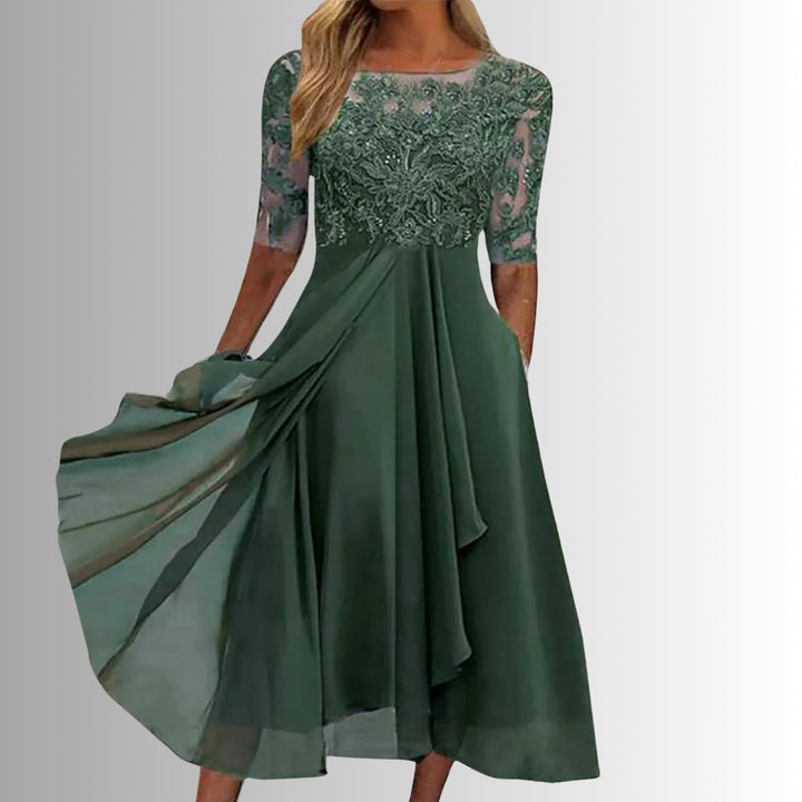 Nora | Kvinne Elegant Blondekjole Chiffon Kveldskjole Halv Ermer