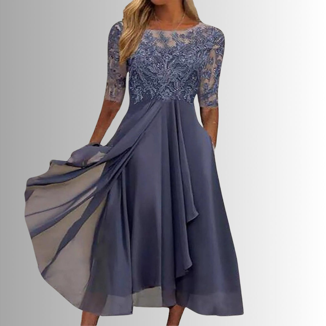 Nora | Kvinne Elegant Blondekjole Chiffon Kveldskjole Halv Ermer