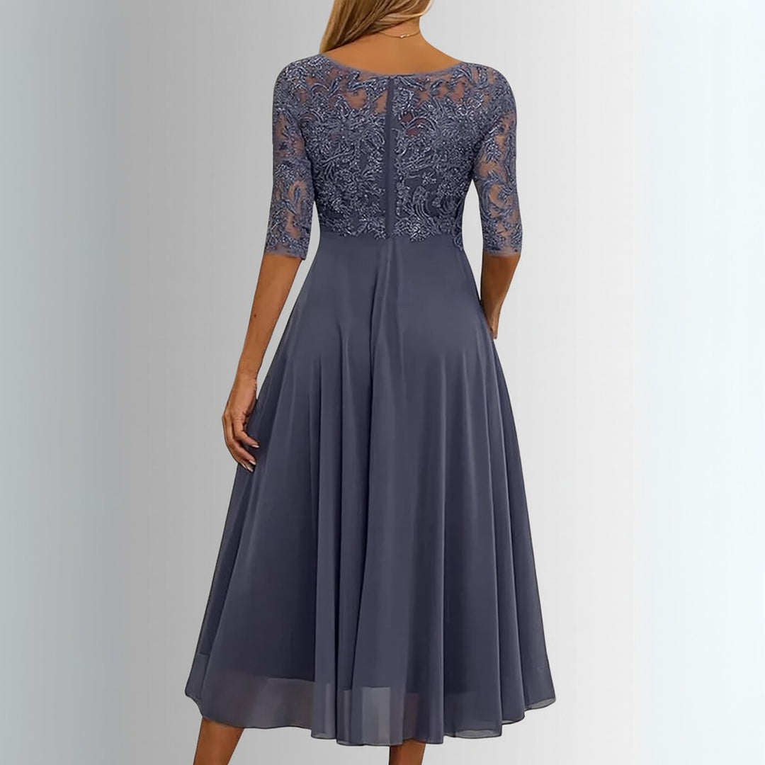 Nora | Kvinne Elegant Blondekjole Chiffon Kveldskjole Halv Ermer