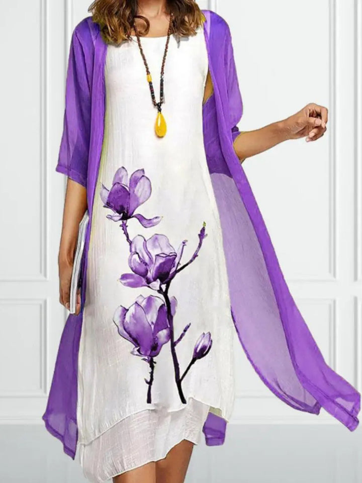 Ella | Kvinne Linstoff Midi Kjole med Chiffon Cardigan Sett
