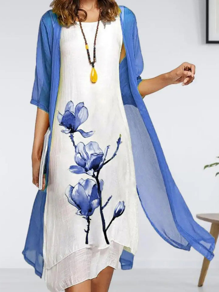 Ella | Kvinne Linstoff Midi Kjole med Chiffon Cardigan Sett