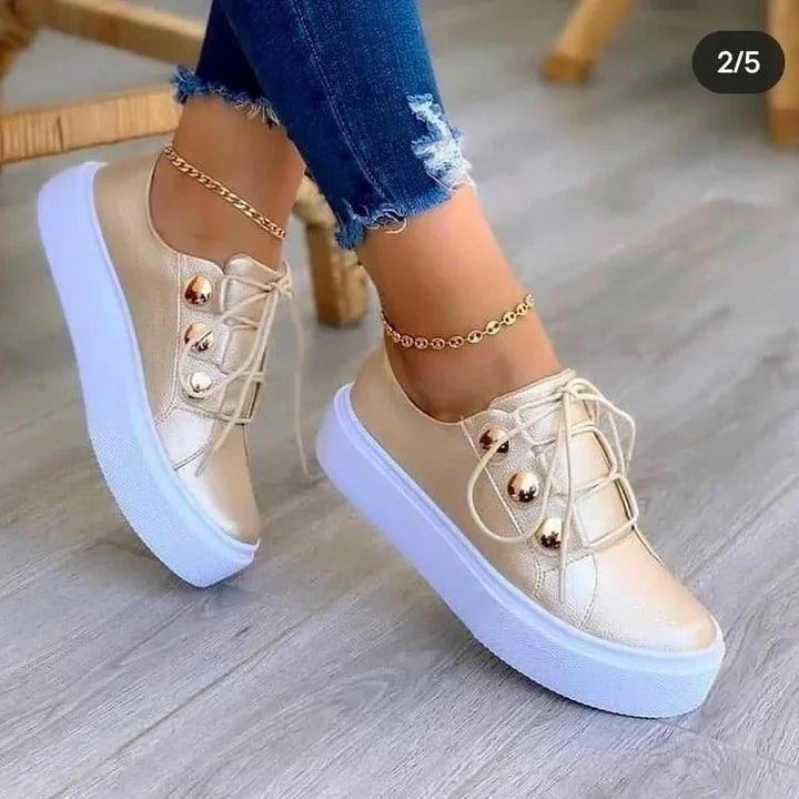 Clara | Kvinne Orthopediske Plattform Sneakers med Snøring og Gull Nagle