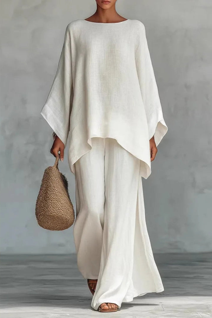 Sofia | Kvinne Oversized Lin Batwing Topp Bredbein Bukse Sett