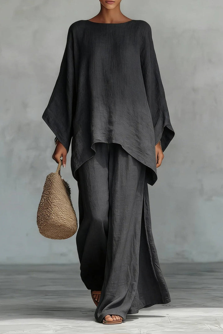 Sofia | Kvinne Oversized Lin Batwing Topp Bredbein Bukse Sett