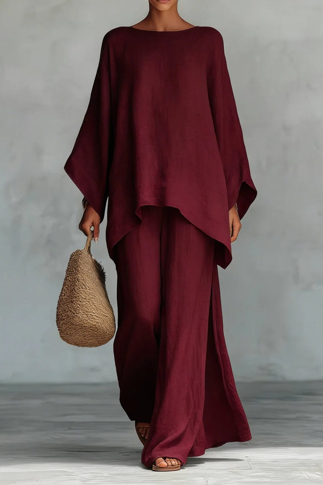 Sofia | Kvinne Oversized Lin Batwing Topp Bredbein Bukse Sett