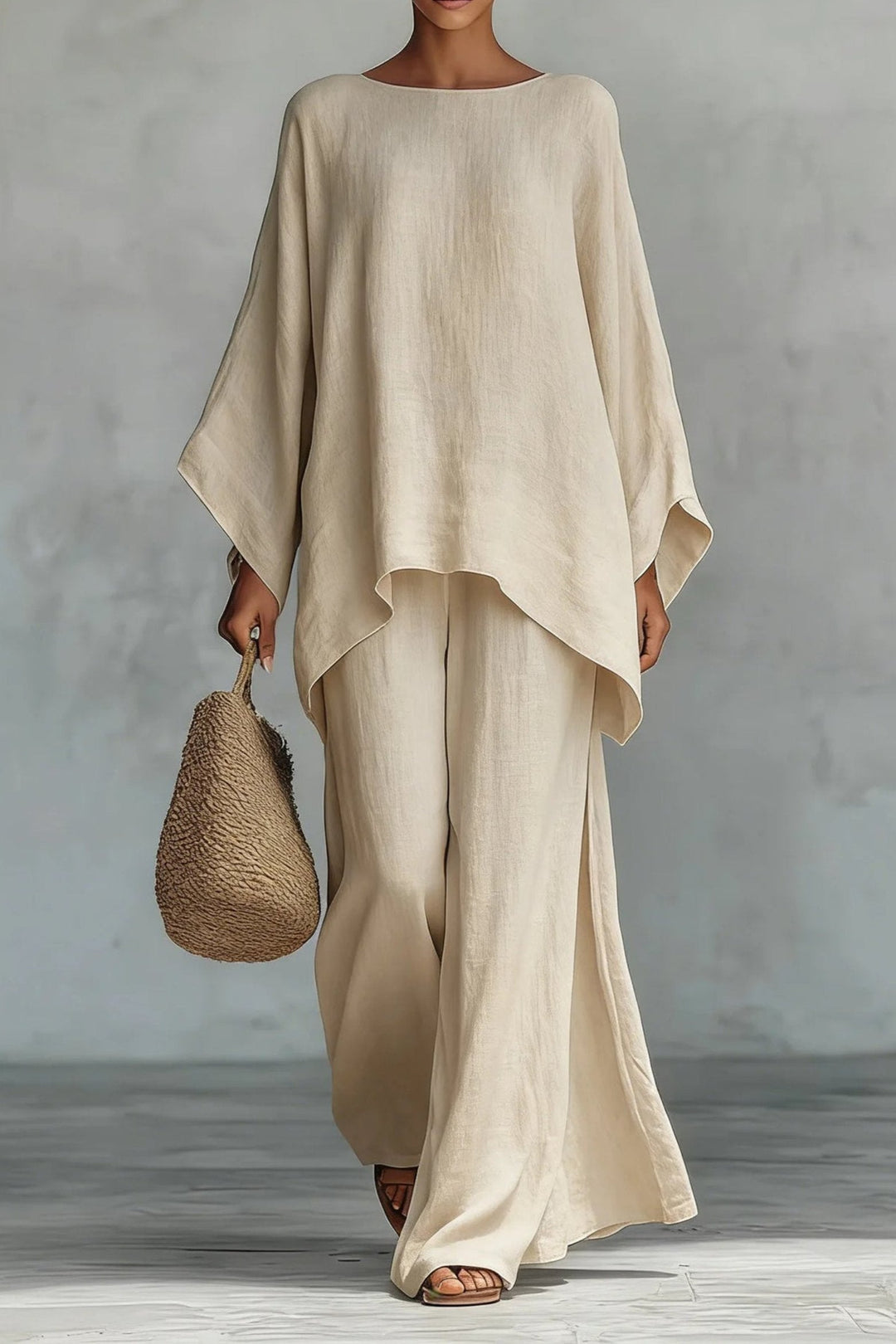 Sofia | Kvinne Oversized Lin Batwing Topp Bredbein Bukse Sett