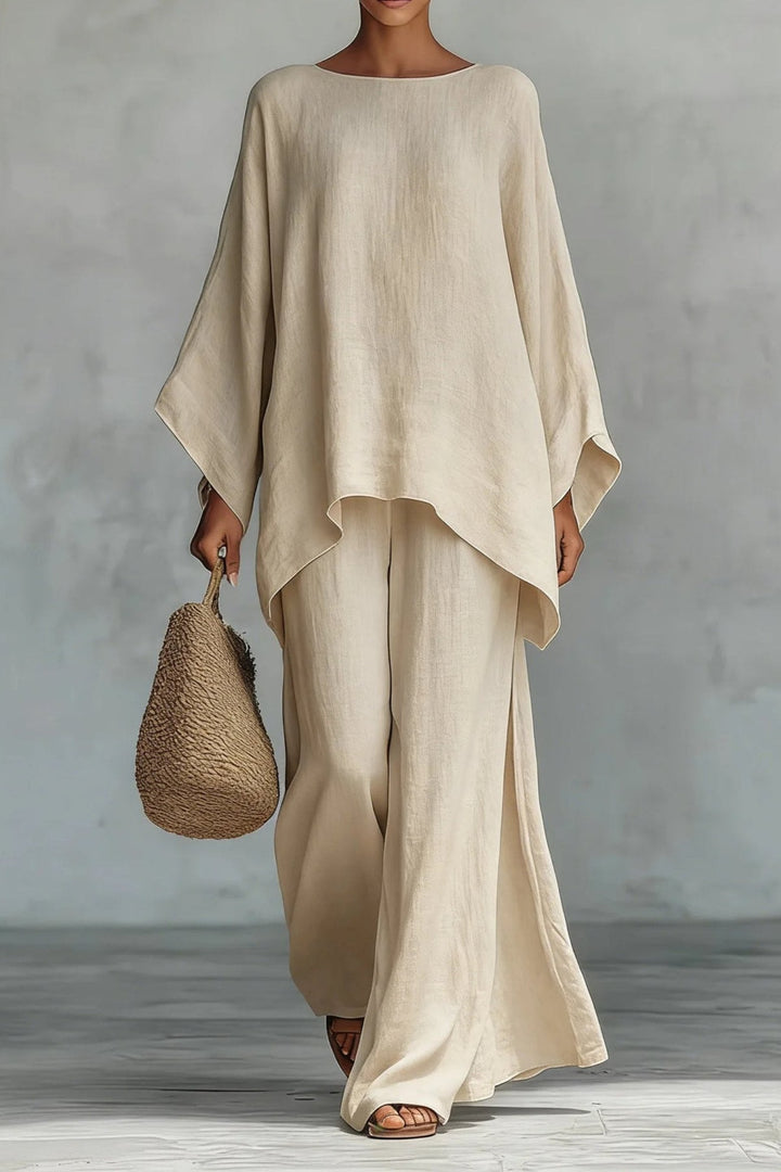 Sofia | Kvinne Oversized Lin Batwing Topp Bredbein Bukse Sett