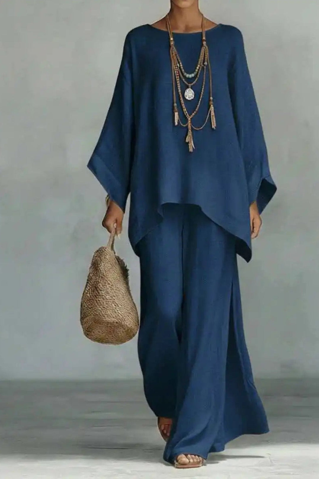 Sofia | Kvinne Oversized Lin Batwing Topp Bredbein Bukse Sett