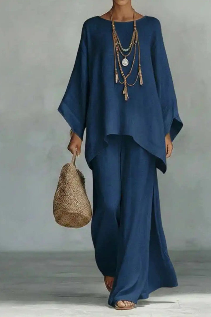 Sofia | Kvinne Oversized Lin Batwing Topp Bredbein Bukse Sett