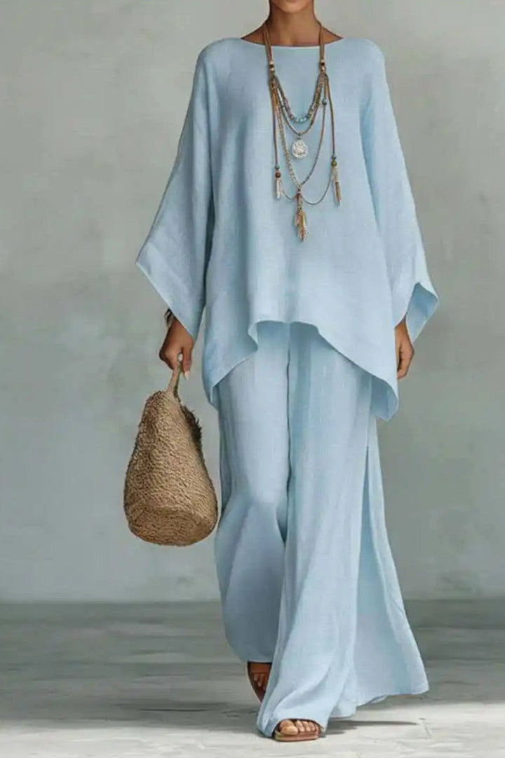 Sofia | Kvinne Oversized Lin Batwing Topp Bredbein Bukse Sett