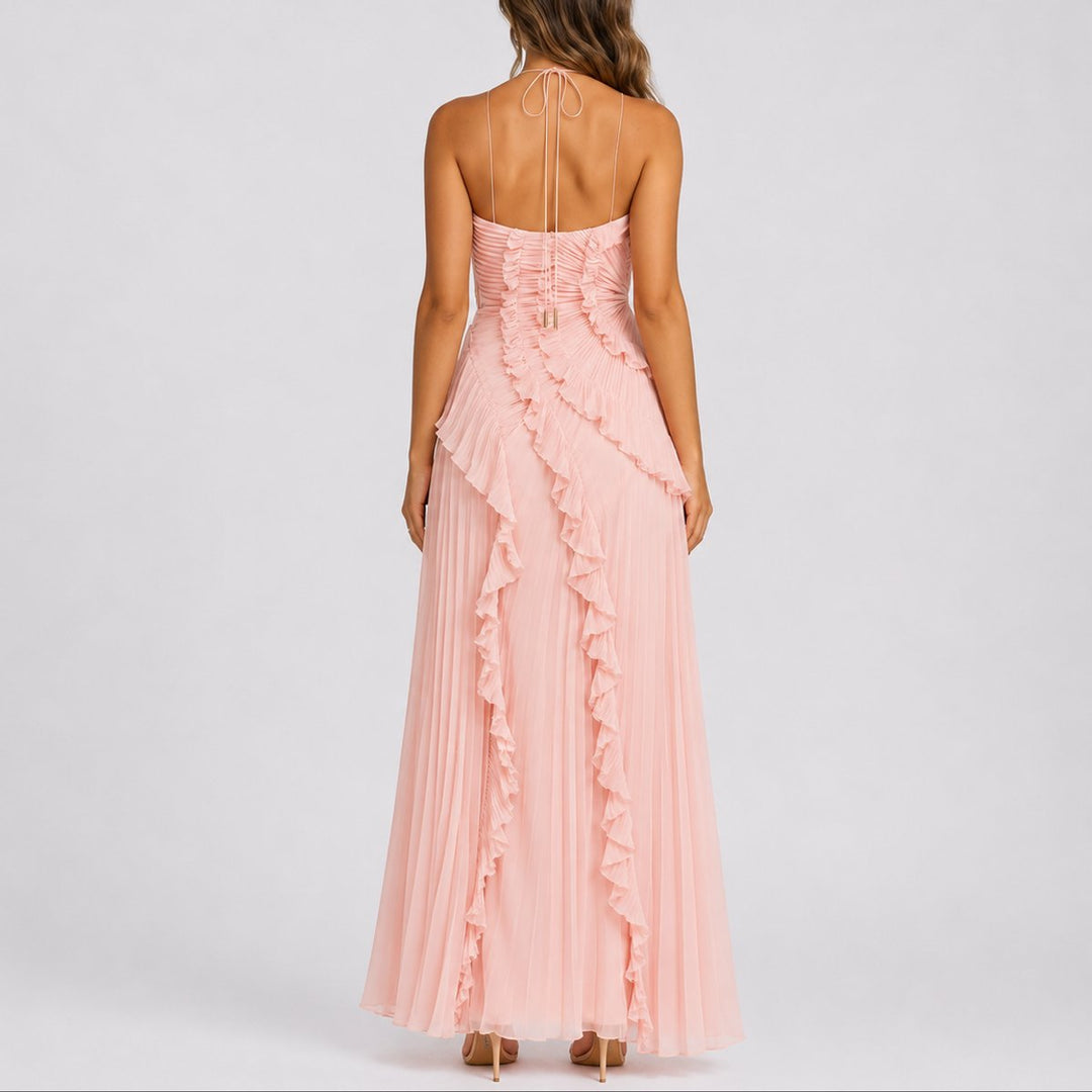 Ida | Kvinnepleated Halterneck Maxi Kjole for Bryllupsgjester