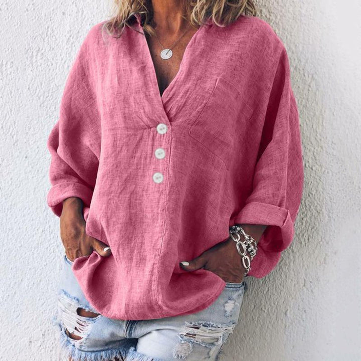 Liv | Lin Bluse Kvinne V-Hals Oversized Løs Passform