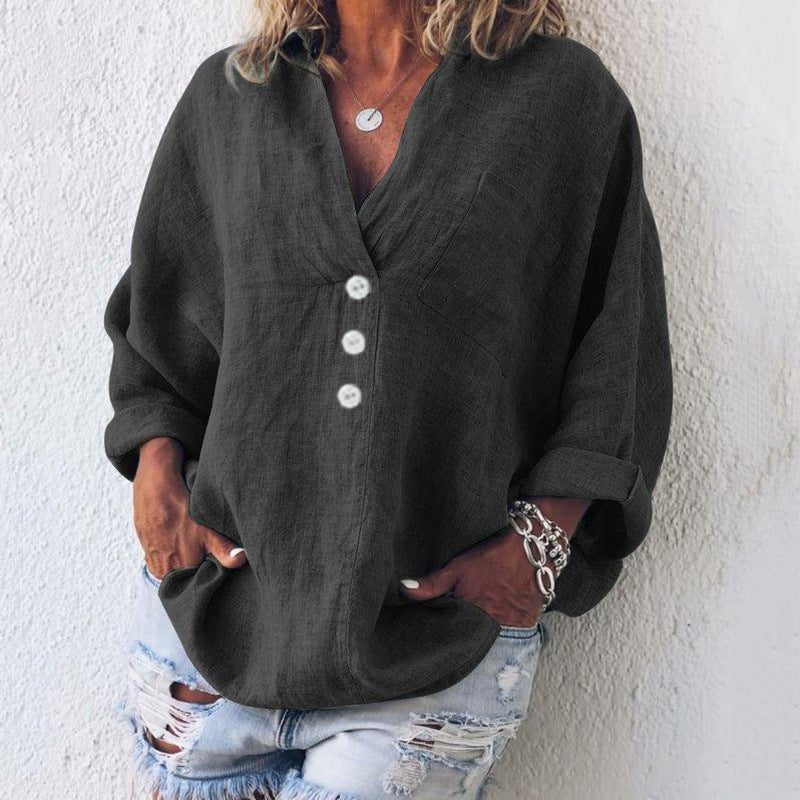 Liv | Lin Bluse Kvinne V-Hals Oversized Løs Passform