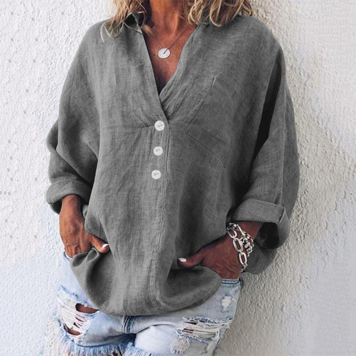 Liv | Lin Bluse Kvinne V-Hals Oversized Løs Passform