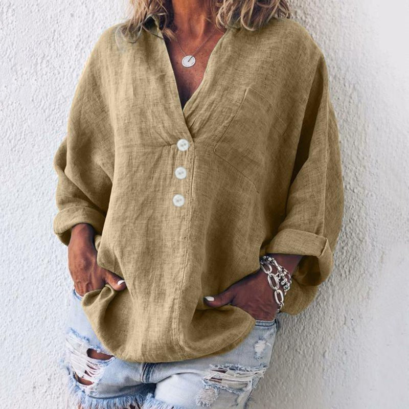 Liv | Lin Bluse Kvinne V-Hals Oversized Løs Passform