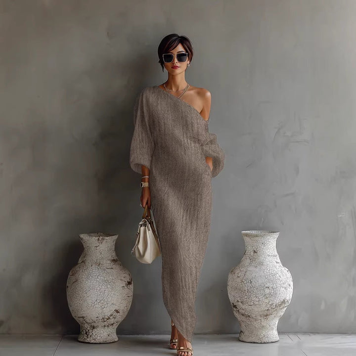 Emma | Maxi Kjole Asymmetrisk Hals Ballongsleeves Lin