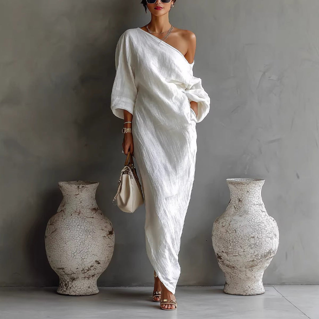 Emma | Maxi Kjole Asymmetrisk Hals Ballongsleeves Lin