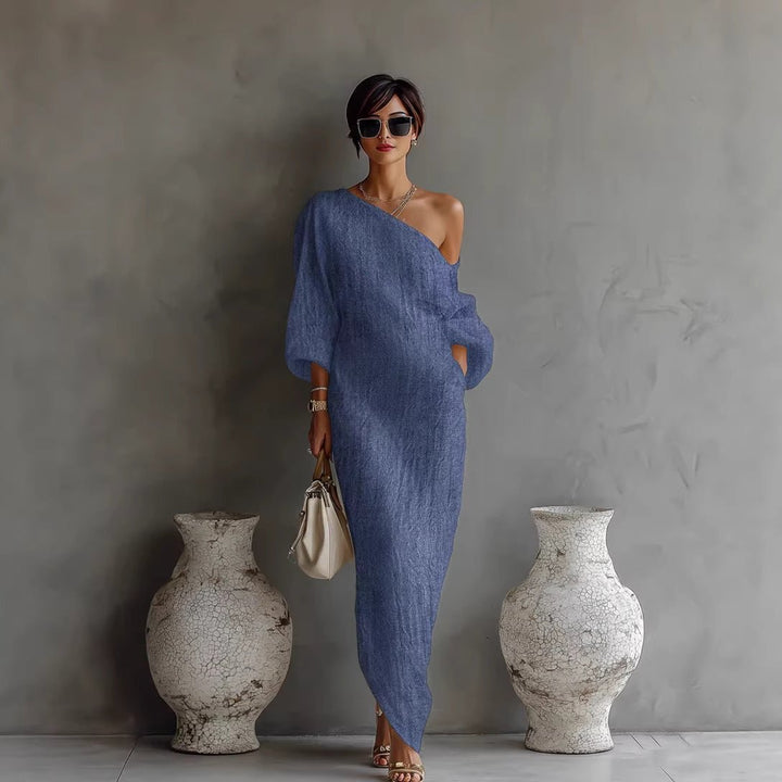 Emma | Maxi Kjole Asymmetrisk Hals Ballongsleeves Lin