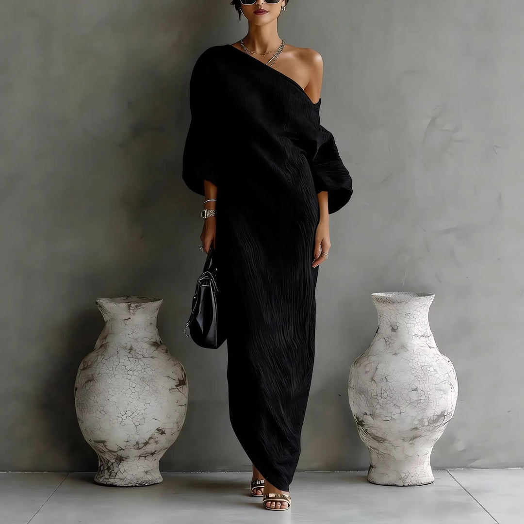 Emma | Maxi Kjole Asymmetrisk Hals Ballongsleeves Lin