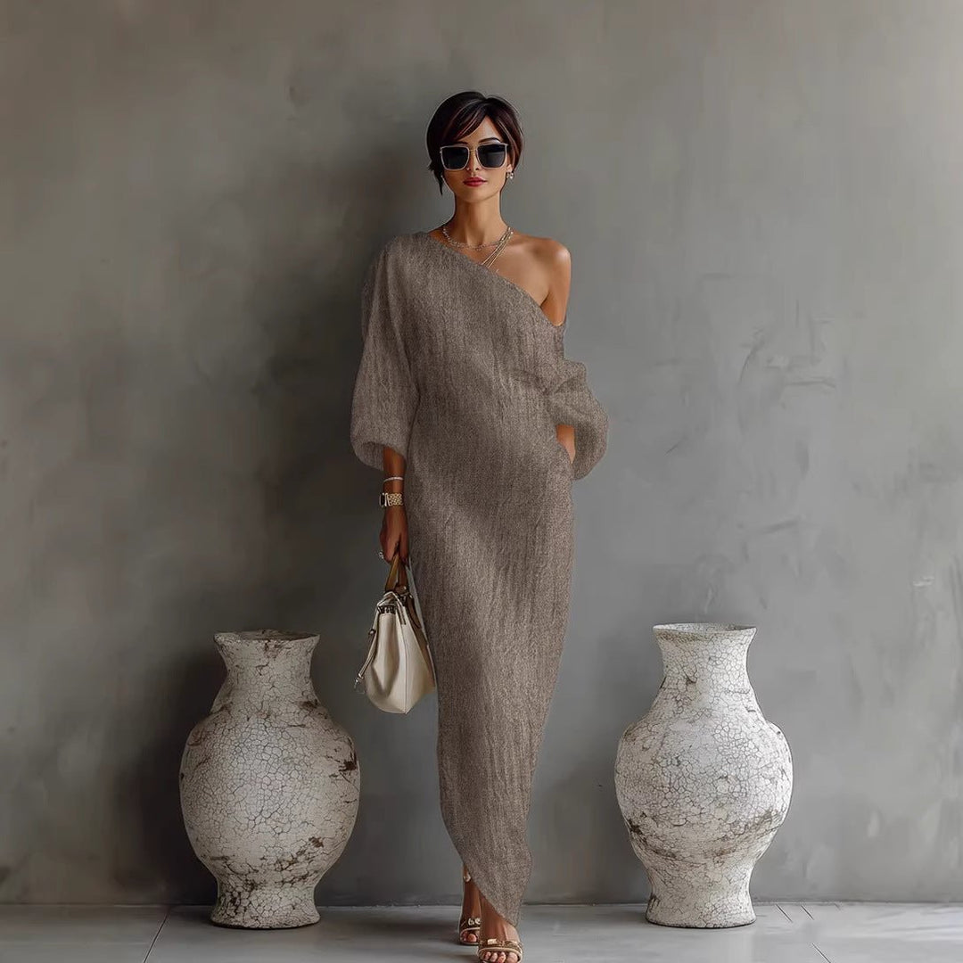 Emma | Maxi Kjole Asymmetrisk Hals Ballongsleeves Lin