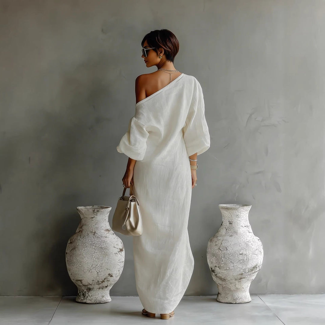 Emma | Maxi Kjole Asymmetrisk Hals Ballongsleeves Lin