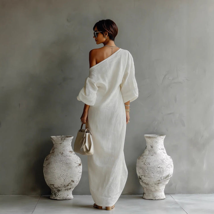 Emma | Maxi Kjole Asymmetrisk Hals Ballongsleeves Lin