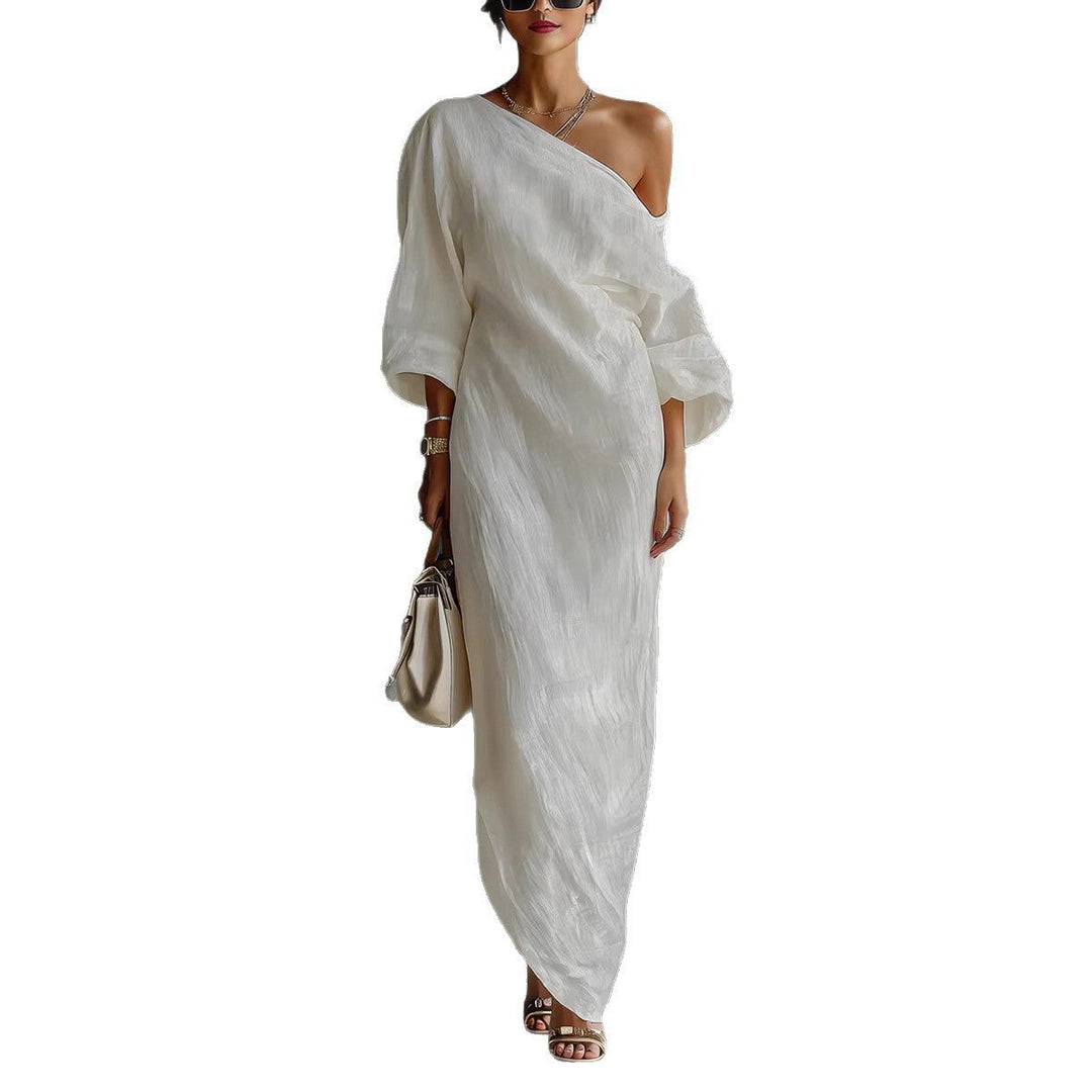 Emma | Maxi Kjole Asymmetrisk Hals Ballongsleeves Lin