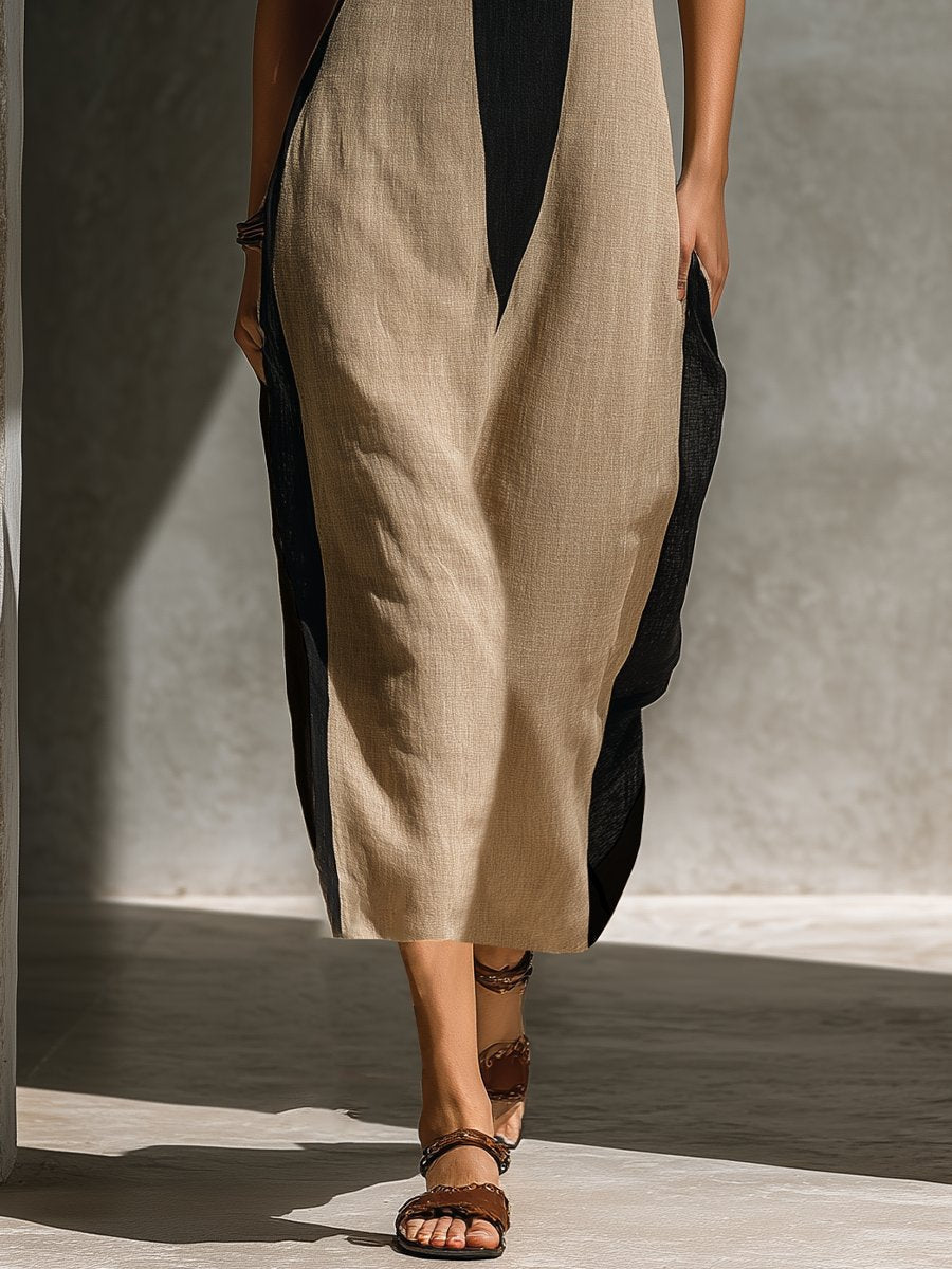 Anna | Midi Kjole Halterneck Fargeblokk Svart Beige