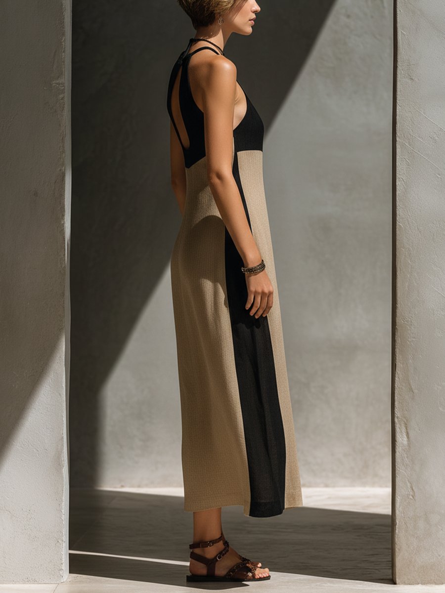 Anna | Midi Kjole Halterneck Fargeblokk Svart Beige