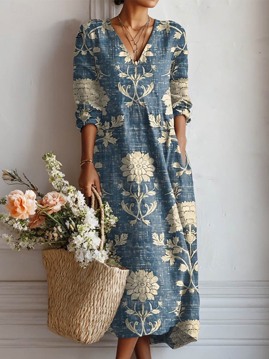 Anna | Midi Kjole Lin Blomstertrykk V-Utforming Boho